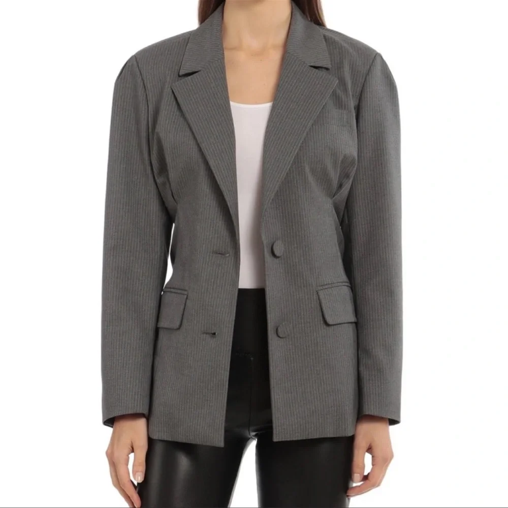 Avec Les Filles Belted Grey Pinstripe Blazer Jacket - Picture 2 of 14